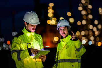 Two engineers in high-visibility jackets and safety helmets work during the night shift at an...