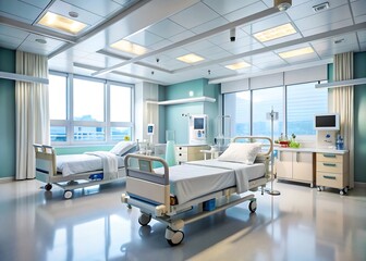 Modern hospital room with two beds and advanced medical equipment