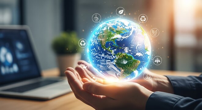 Hands Holding a Holographic Earth, Sustainable Symbols
