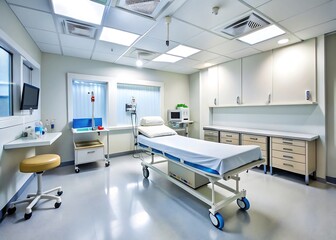 Modern hospital examination room with medical equipment and patient bed