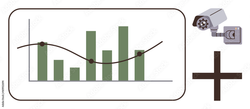 Poster bar chart with trending line, dots marking data points, surveillance camera, addition sign. ideal fo