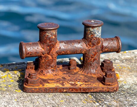 Close Up of Heavily Rusted Iron Bollard on a Concrete Pier Under Bright Sunlight