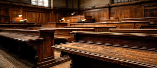 Antique wooden benches in a courtroom