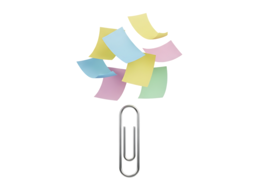 Illustration of paperclip with colorful sticky notes isolated on transparent background
