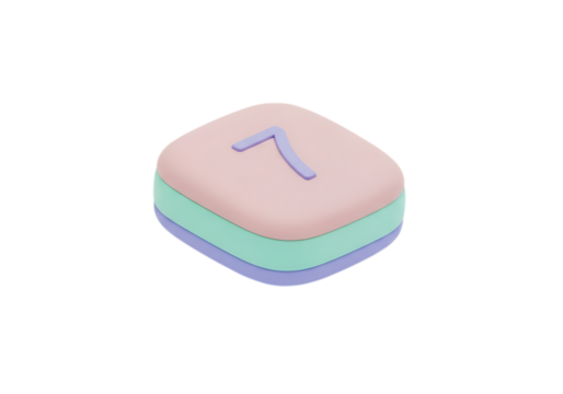 Illustration of a small, square pink and green box with a purple number seven isolated on transparent background