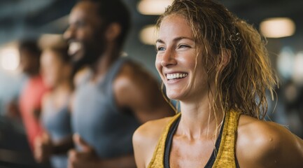 A confident woman leads her treadmill routine with a joyful expression, while a diverse group in the gym exercises together, showcasing teamwork and mutual support.