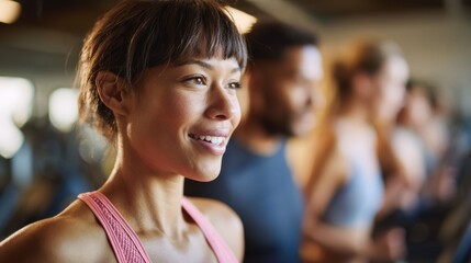 A confident woman leads her treadmill routine with a joyful expression, while a diverse group in the gym exercises together, showcasing teamwork and mutual support.