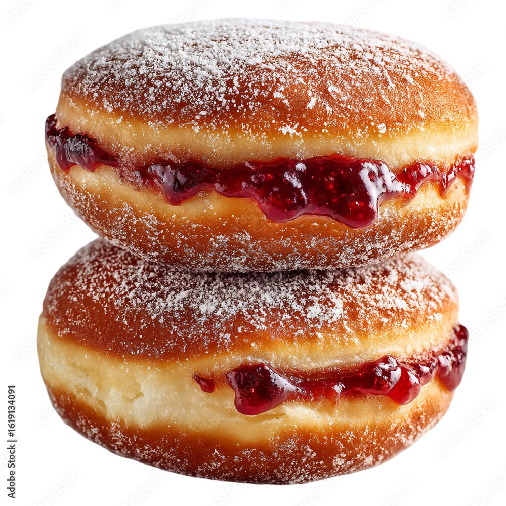 Poster a close up of two stacked donuts filled with jam and covered in sugar dust isolated on transparent b