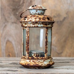 Close Up of Rusted Blue Lantern with Star Cutouts on Wooden Table Antique Look