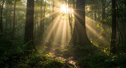 Fototapeta premium Sunbeams Illuminate Misty Forest Path