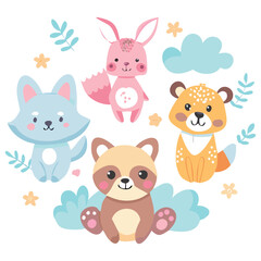Fototapeta premium Cute Cartoon Woodland Animals with Floral and Cloud Elements Illustration