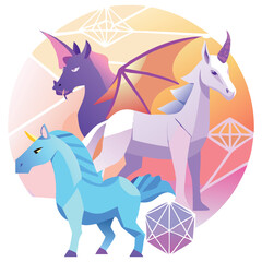 Geometric Fantasy Animals dragon unicorn equine art in a colorful composition