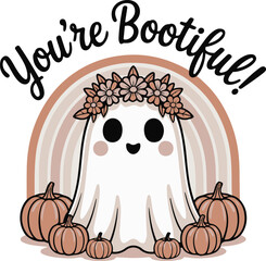 Flower Power Witch Flying on Broom Vector - Retro Boho Halloween & Groovy Design for T-Shirts & POD