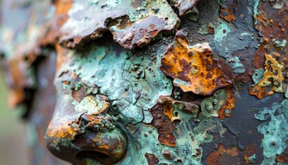 Close Up of Weathered Bronze Sculpture Face with Heavy Patina and Rust Texture in Natural Light