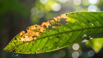 Close Up Green Leaf with Holes and Texture in Forest Canopy Sunlight
