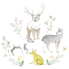Watercolor animals with floral elements evoke a gentle and serene atmosphere