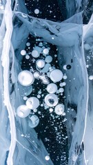 Frozen Methane Bubbles Trapped Underneath Clear Ice Surface on Winter Lake Cold