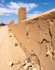 Textured Concrete Wall Near Sandy Ground Under Blue Sky During Daytime in Desertic Landscape