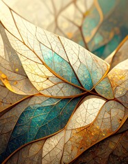 Detailed Close Up of Abstract Textured Leaves with Golden Veins on Neutral Backdrop