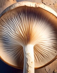 Detailed Macro Photograph of a Mushroom with Gills and Brown Cap in Natural Sunlight