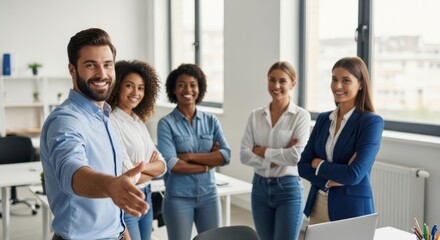 Team meeting and smiling at camera