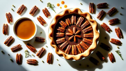 Pecan pie deconstructed, pecan halves and caramel