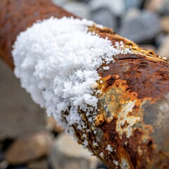 Close up of Heavily Corroded Metal Pipe with White Crystal Flakes Outdoors