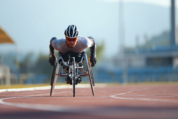 Disabled athlete training with adaptive sports equipment