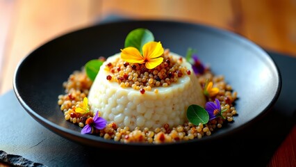 Rice pudding with quinoa and edible flower garnish