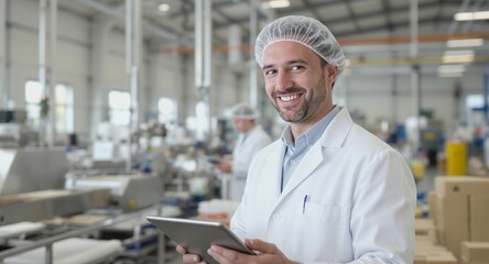 Smiling food factory worker using tablet in a modern facility.