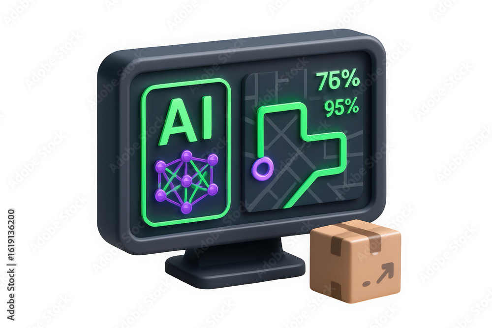 Fototapete a computer monitor displaying ai analytics with graphs and a shipping box, representing modern logis