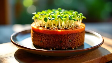 Earth carrot cake with sprouted seeds and microgreens