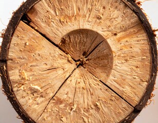 Detailed Cross Section of a Tree Trunk Exhibiting Growth Rings and Woody Texture in Warm Light