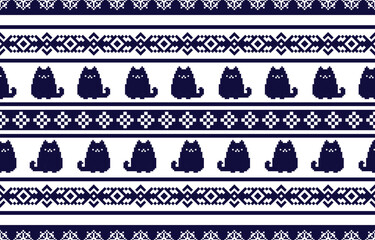 Vector seamless pattern with cat silhouettes and tribal geometric motifs. Monochrome design. Use this pattern for creating pet themed designs, textile prints, packaging, and more. Perfect for cat love