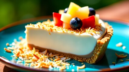 Pudding pie slice with fruit salsa on plate
