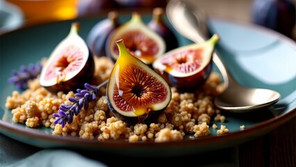 Sliced figs with millet and honey on plate