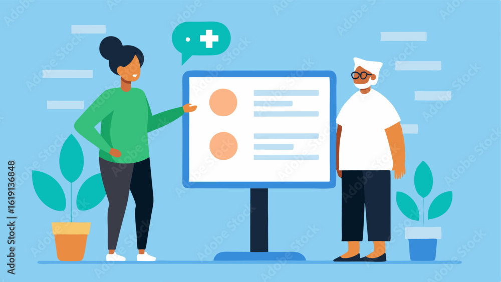 Poster checkin session a scene of the health coach and patient standing next to a large screen that shows a