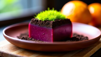 Edible beetroot fudge with moss garnish on plate