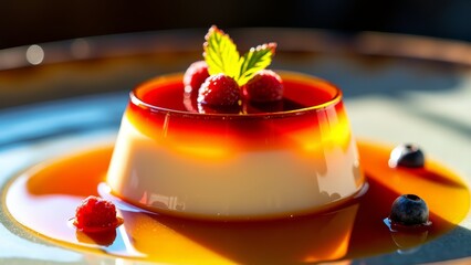 Panna cotta dessert with fruit gels and berries