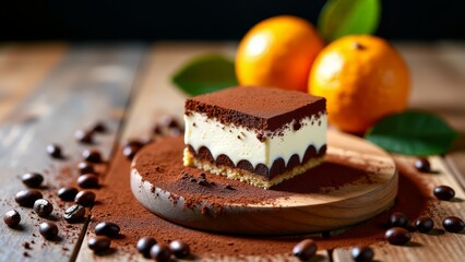 Deconstructed tiramisu with coffee beans and oranges