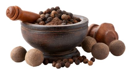 Black peppercorns and ground pepper in wooden mortar and pestle