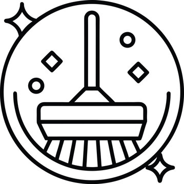 recommend clip art: Black line art icon of a broom inside a circle with sparkles cleaning sweeping