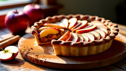Apple pie tart with sliced apples and cinnamon