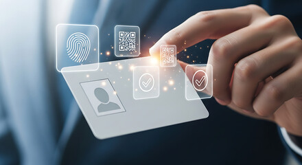 Person Holding Blank White Card with Digital Floating Identity Icons