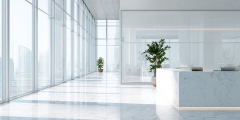 Modern, bright office lobby with marble reception desk