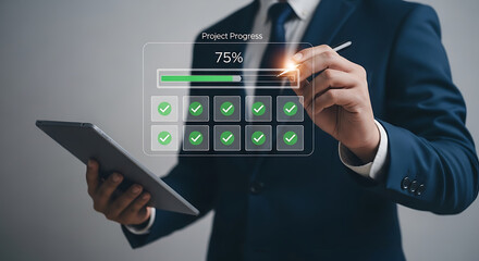 Businessman checking off tasks on a digital checklist with progress bar and 75 completion