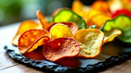 Colorful vegetable chips on slate platter