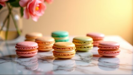 Colorful macarons on marble countertop with flowers