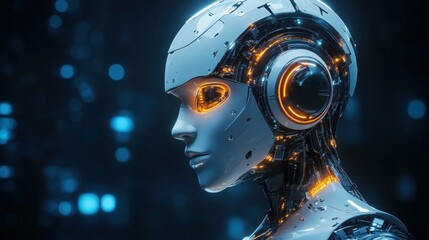 futuristic cyborg portrait displaying advanced artificial intelligence with glowing optics and intricate mechanical detailing on a blurred abstract background