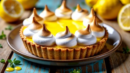 Lemon meringue tart on distressed wooden table